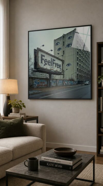A weathered billboard promises freedom while painted eyes watch from a brutalist tower, turning an ordinary street corner into a quiet meditation on surveillance.