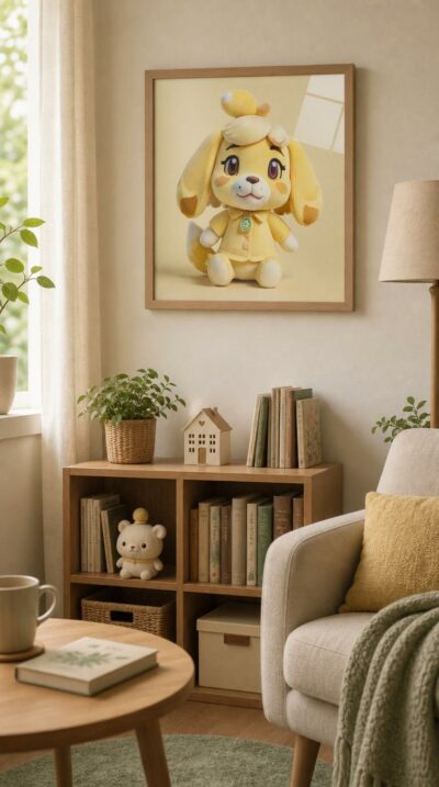 A plush rendition of Animal Crossing's Isabelle, cast in soft pastel yellow, smiling with gentle warmth against a creamy backdrop.