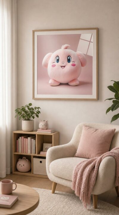 A plush, round Kirby beams against soft pink, its winking eyes and rosy cheeks radiating pure cuddly cheer.