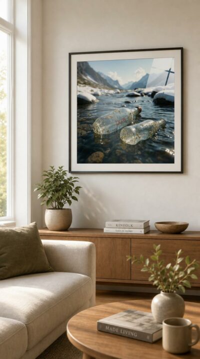 Two grime-streaked bottles drift in a crystalline alpine stream, an uneasy stain on snow-dusted rock and the pristine valley beyond.