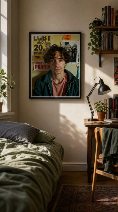 A young activist meets your gaze in a small room papered with protest posters, where pride and weariness settle quietly into the same face.