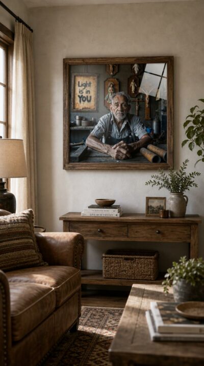 An aging craftsman sits among crucifixes, carved saints and worn tools, his steady gaze caught between devotion inherited and a self still searching.