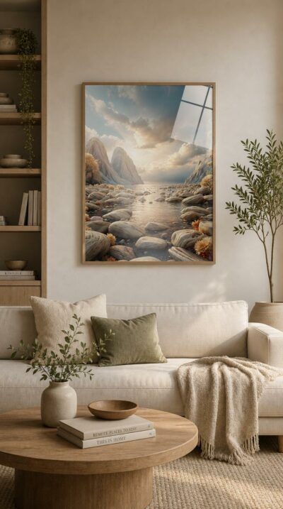 A still lake glows at dawn between pale carved peaks, ringed by smooth stones and clusters of soft orange blooms under a luminous, cloud-scattered sky.