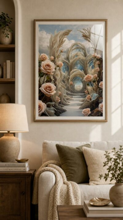 A rose-lined path drifts toward a glowing cathedral of silk-like plumes, where peach blooms and translucent blue arches meet beneath a clouded sky.