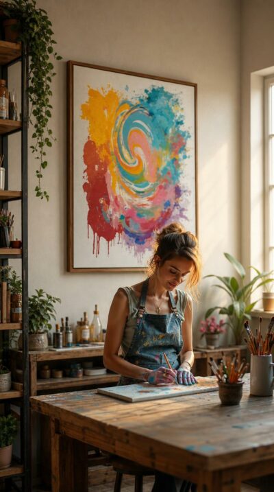 A young woman in a paint-flecked apron leans into her canvas, brush in hand, bathed in the warm hush of a sunlit studio.