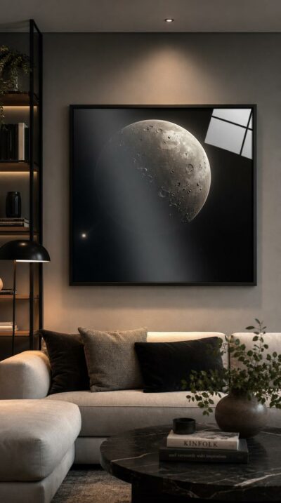 A cratered grey world drifts in deep space, its rim kissed by light while a distant spark glows below, poised and quietly enigmatic.