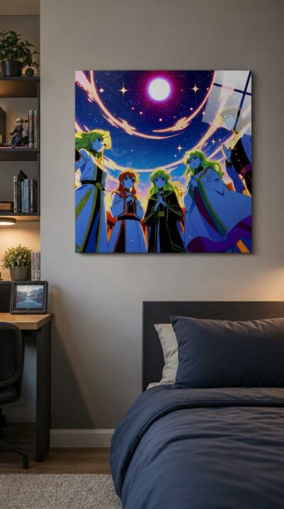 Beneath a luminous moon and sweeping arcs of starlight, a band of radiant anime guardians stand together, their flowing robes glowing with otherworldly calm.