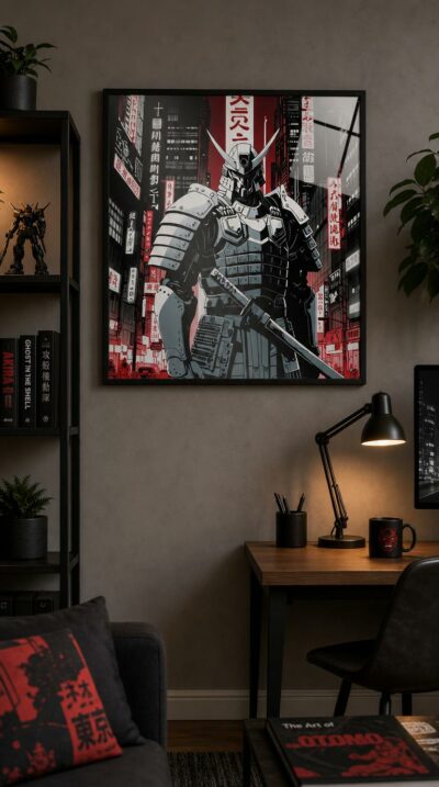 A towering armored warrior stands amid a neon-lit cityscape, blade in hand, where ancient samurai bearing meets the glow of a future metropolis.