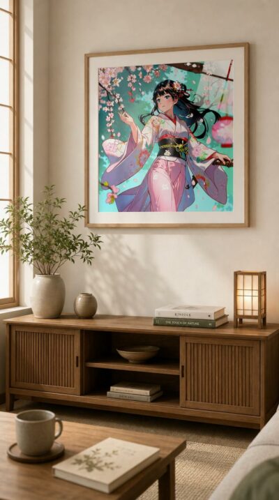 A poised young woman in a flowering kimono reaches toward drifting cherry blossoms, calm and luminous beneath a turquoise spring sky.