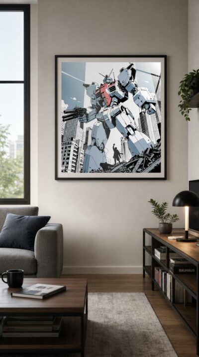 A colossal mecha towers over a besieged city while a lone figure raises a defiant fist amid the rubble below.
