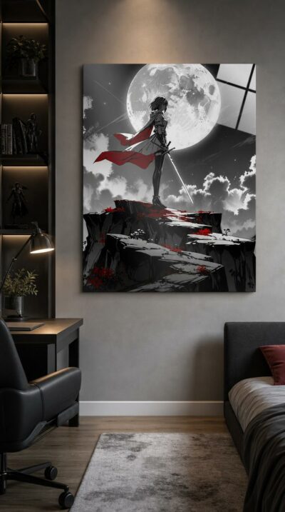 A lone swordswoman stands on a windswept cliff beneath a vast full moon, katana drawn, red cape and crimson blossoms cutting through the silver dark.