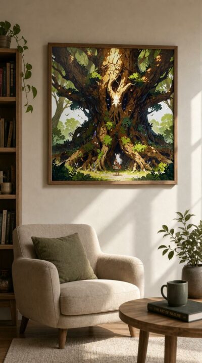 A tiny horned wanderer stands before a colossal ancient tree, its glowing heart radiating light into a hushed, magical woodland.