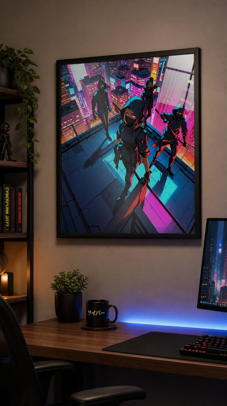 Four hooded figures with glowing eyes poise on a high rooftop, blades drawn, as neon city light pulses through the night below.