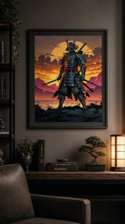 A samurai in lacquered blue-and-gold armor stands resolute against a blazing sunset, twin blades drawn, mountains burning rose behind him.