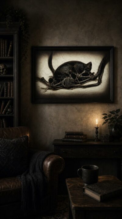 The curled silhouette of a cat in quiet decay, luminous bone tracing through shadow, hushed and unsettlingly serene.