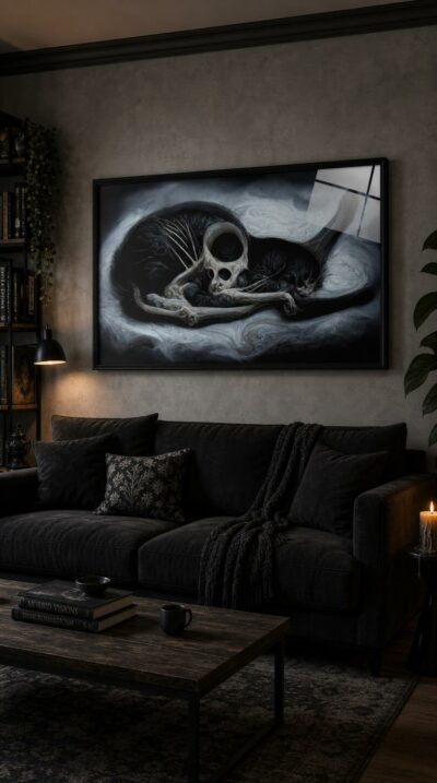 A black cat curled in eternal rest, its skeletal form dissolving into swirling, silk-pale mist, suspended between sleep and decay.