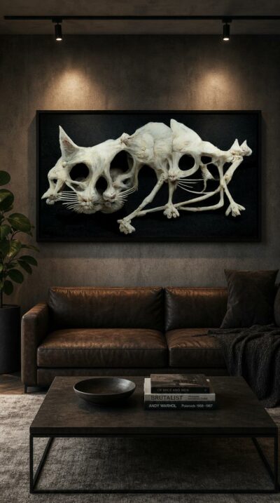 A feline form reassembled into a Cubist tangle of pale faces and limbs, suspended in absolute black like a relic from a dream.