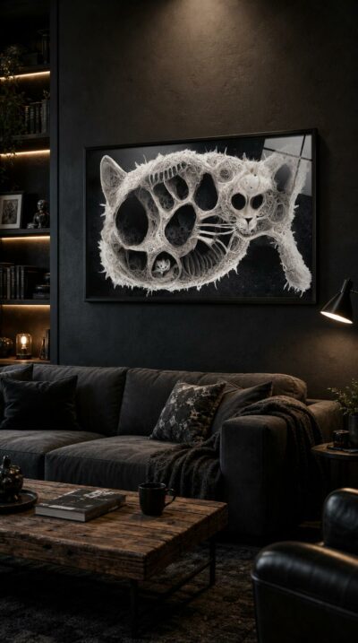 A cat conjured from bone-white filaments and hollow voids hovers against a black abyss, half feline, half secret skeletal architecture.
