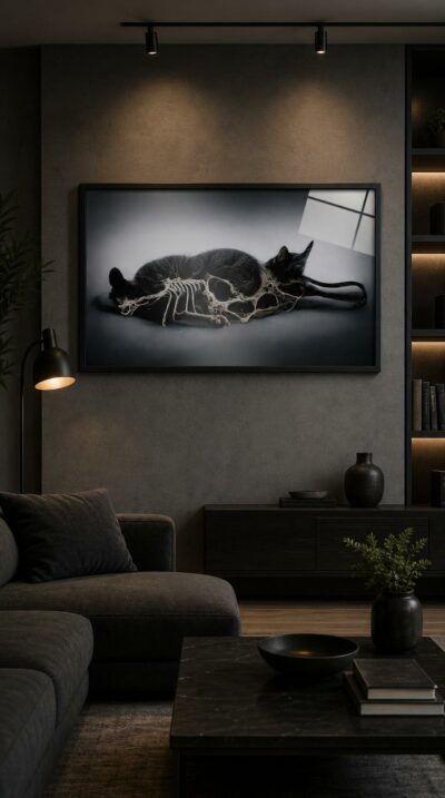 A black cat curls in quiet repose beside its own bleached skeleton, the two forms merging into a single meditation on stillness and mortality.