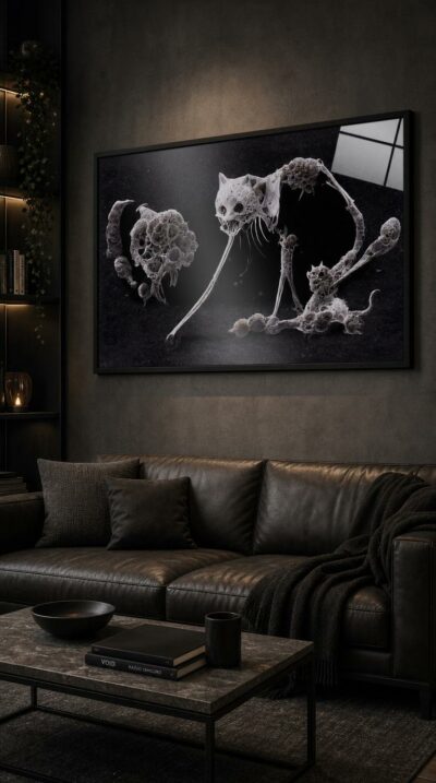 Skeletal feline forms drift through a black void like haunting deep-sea apparitions, fragile, intricate and quietly unsettling.