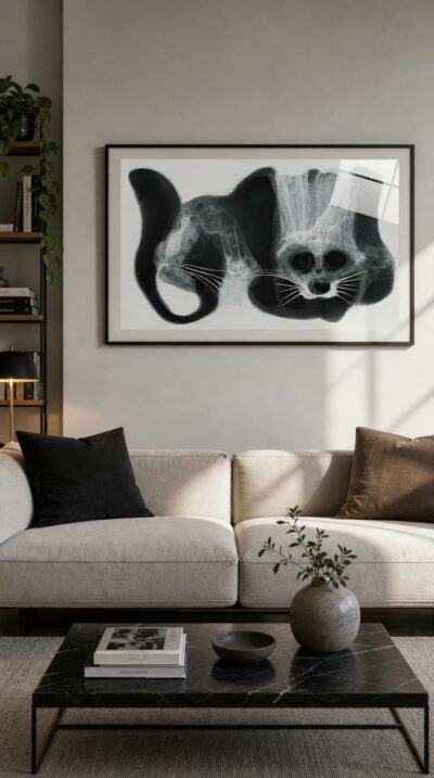 A ghostly radiograph of two imaginary cats, their bones and whiskers glowing against pools of pure black, tender and unsettling at once.