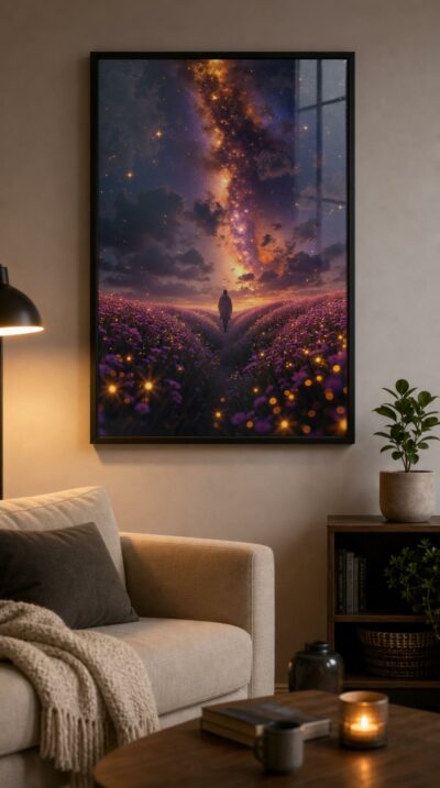 A solitary figure walks a glowing path through a field of violet blossoms beneath a luminous river of golden stars spilling across an indigo sky.