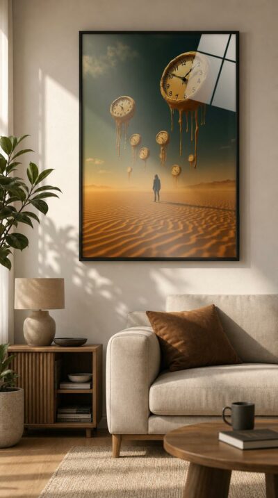 In a golden desert, melting clocks drift skyward while a lone figure watches time dissolve into shimmering ripples of sand.