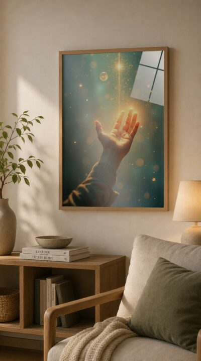 A single open hand reaches upward toward a radiant star, gathering its warm light amid a field of golden bokeh and soft moonlit blue.