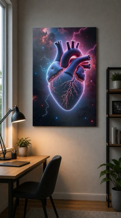 An anatomical heart blooms as a glowing nebula, its veins streaked with violet lightning against a star-strewn cosmos.