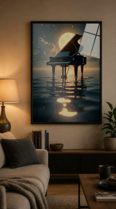 A grand piano floats upon a still ocean beneath a luminous full moon, its golden glow spilling across the water in a hush of melody and light.