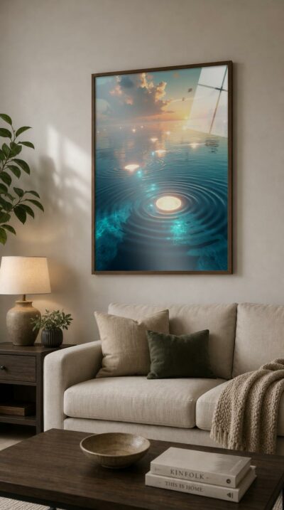 Glowing orbs rest on a mirror-calm sea at sunset, sending out silent rings of turquoise light beneath a sky of golden cloud.