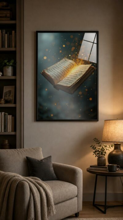 An open music book hovers in a cosmic blue void, its pages spilling golden sparks as notes rise like embers into the dark.