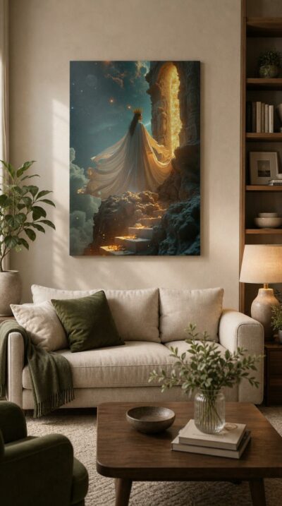 A crowned figure in a flowing cloak ascends a crumbling celestial stairway, golden particles drifting into a vast nebula-lit sky.