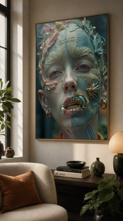 A serene young face washed in pastel and gold, crowned with feather-like forms and adorned with jeweled marine creatures, gazing with quiet wonder.