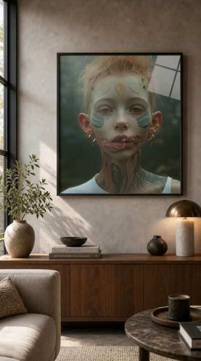 A shy red-haired child gazes out from milk-white skin marked with soft green tattoos, feather-like brows and golden ornaments, suspended in misty pastel light.