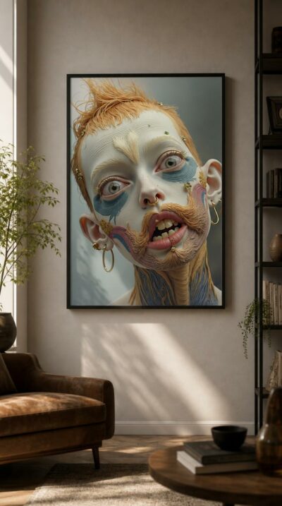 A young face crowned with feathered orange hair and a soft pastel mask, green eyes fixed forward in a gaze that is both fragile and unshakable.