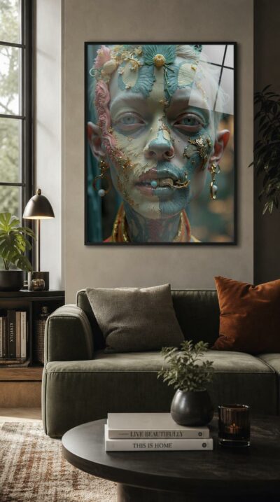 A young face split between cream and vivid blue, crowned with porcelain flowers and gold filigree, gazing out with quiet, otherworldly poise.
