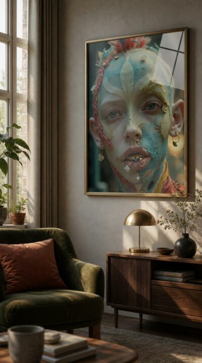 A serene child's face washed in blue and gold, adorned with feathers, flowers, and delicate piercings, gazing with quiet, otherworldly calm.