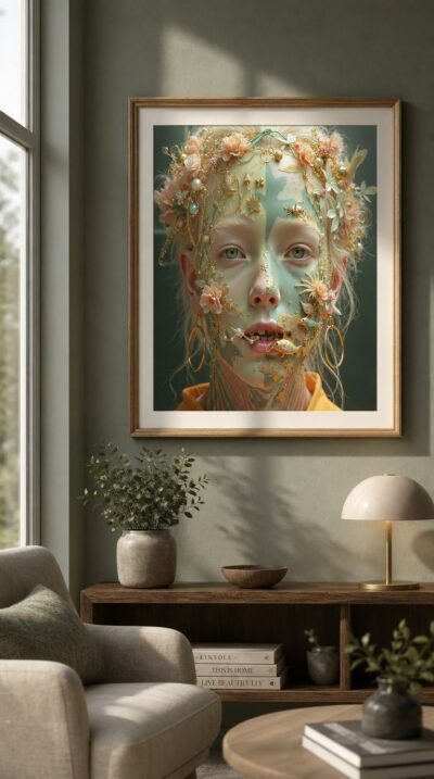 A young girl's face glows with pastel skin, golden filigree, roses and pearls, while tiny jeweled fish and beetles rest among her delicate features.