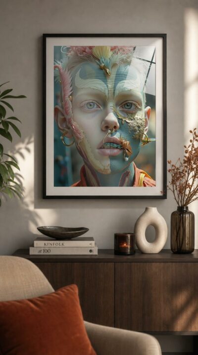 A youthful face painted in pastel and gold, crowned with feathers, a golden scarab poised on the lip and pearl-set piercings catching the light.