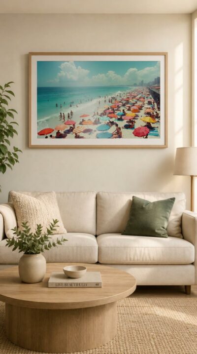 A sun-soaked summer shore, packed with bright umbrellas and sunbathers, compressed into a dense, dazzling tapestry of leisure beneath turquoise water and a vast sky.