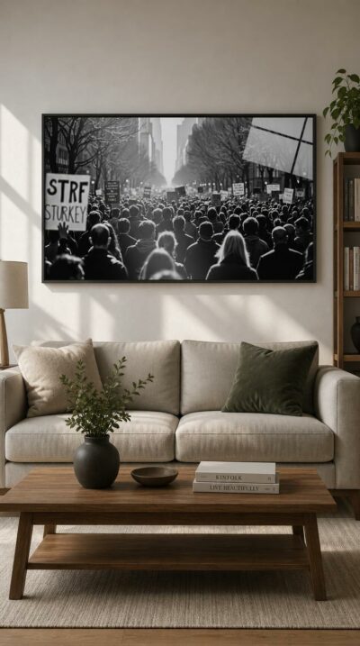A black-and-white tide of marchers fills a tree-lined avenue, placards raised toward a city glowing at the horizon.