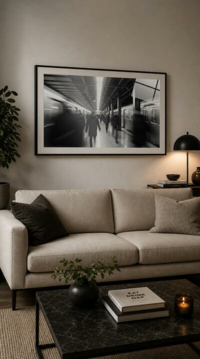 Commuters dissolve into motion across a subway platform, their blurred forms ghosting between sharp industrial lines in stark black and white.
