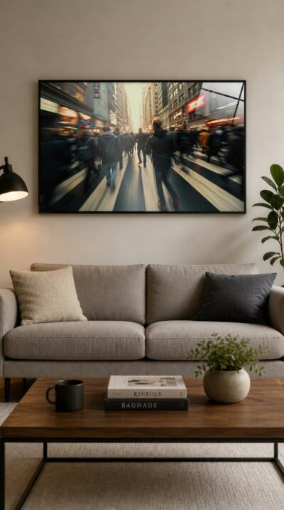 A surge of commuters streams across a city crosswalk, their forms dissolving into motion blur beneath glowing storefronts and pale morning light.