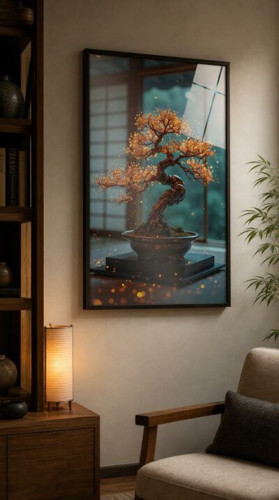 A luminous bonsai of glowing copper branches and pixel-bright blossoms glows against a rain-washed window in a quiet Japanese room.