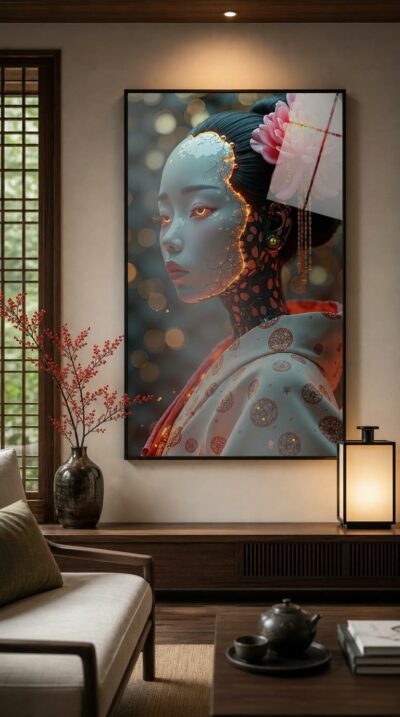 A geisha-android in profile, her porcelain mask fracturing along glowing seams to reveal the circuitry beneath, crowned by a single luminous peony.