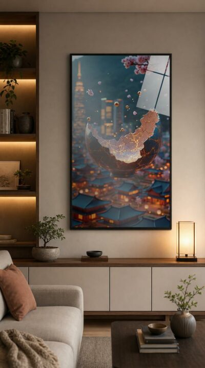 A cracked ceramic bowl, its fractures mended in glowing gold circuitry, hovers above a city where tiled rooftops give way to luminous towers beneath drifting cherry blossoms.