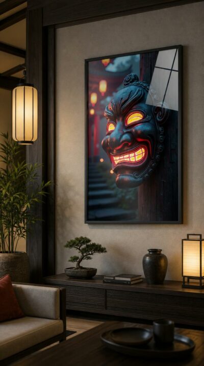 A carved Noh mask glows from within, its eyes and grinning teeth lit like embers against a misty temple courtyard strung with red lanterns.