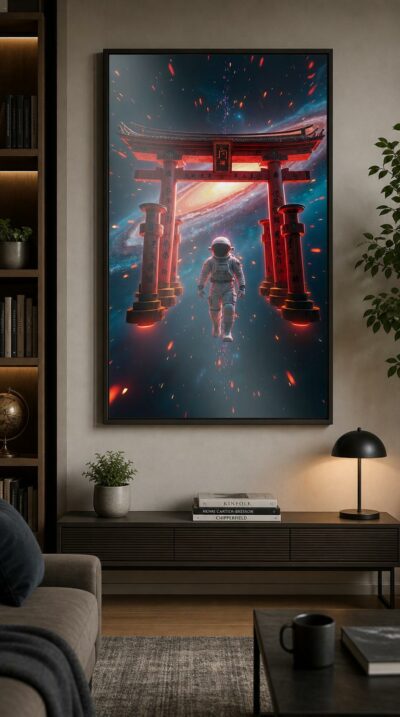 A samurai-astronaut drifts beneath a glowing red torii gate suspended in deep space, quantum sparks streaming through its arch toward a luminous spiral galaxy.