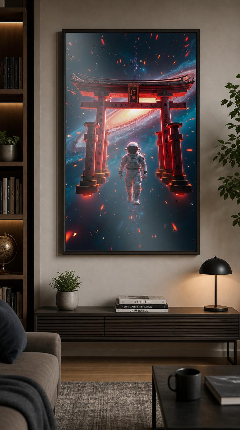 A samurai-astronaut drifts beneath a glowing red torii gate suspended in deep space, quantum sparks streaming through its arch toward a luminous spiral galaxy.